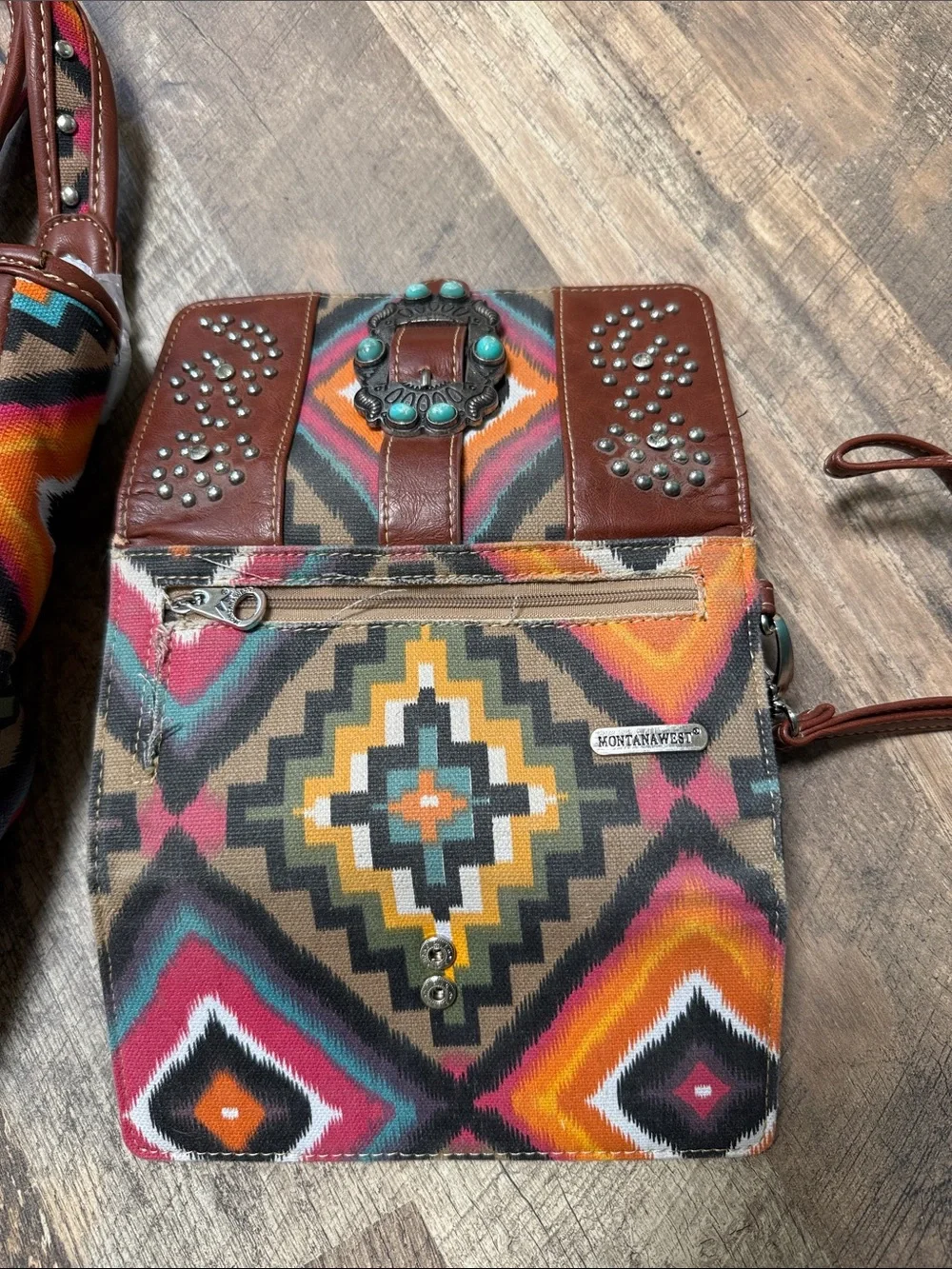 Montana West Brown Fringe Tote with Multicolor Aztec Pattern